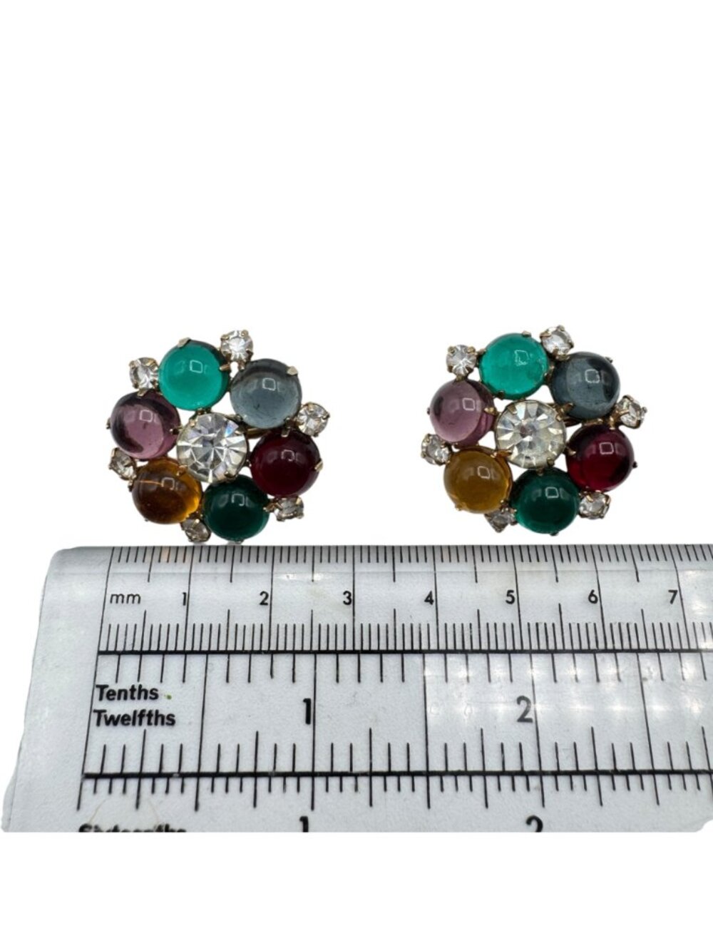 Vintage Fruit Salad Cluster Earrings Clip Multi-Color Glass Prong Set Gold Tone - Picture 4 of 11
